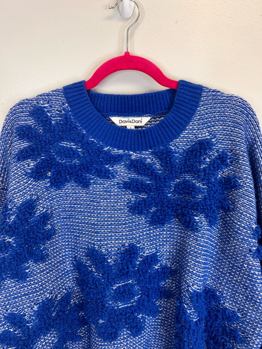 Blue Floral Oversized Textured Knit Sweater Size L Quirky Dopamine Colorful Fun - Picture 2 of 10